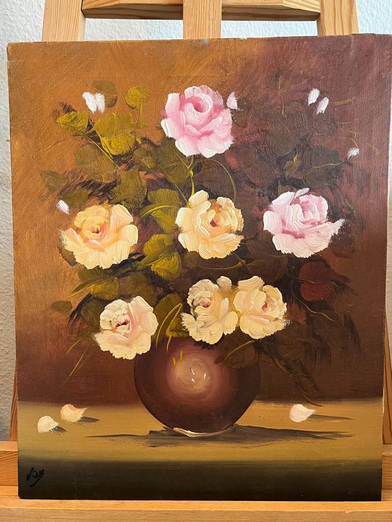 Gemälde: Blumenölgemälde, Rosen in Vase, Vintage Wandkunst – Gebraucht aus Basel von Kaffee_und_Kunst 1