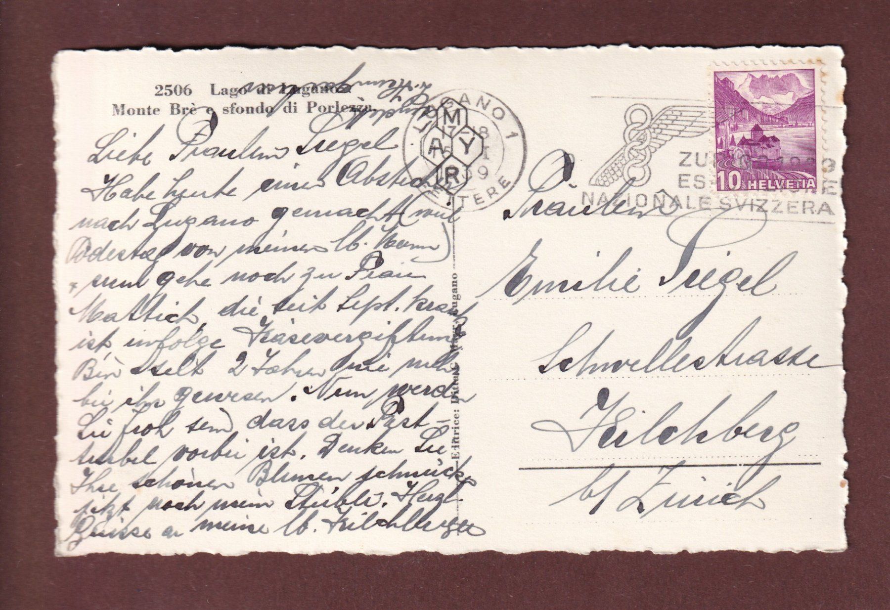 Cartoline postali: MONTE BRE e sfondo di Porlezza - 1939 – Usato da Pully venduto da nicecards-shop 1