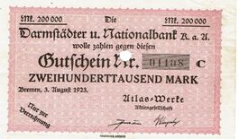 Bremen Atlas Werke 200000 Mark 03.08.1923 VZ+-VZ++