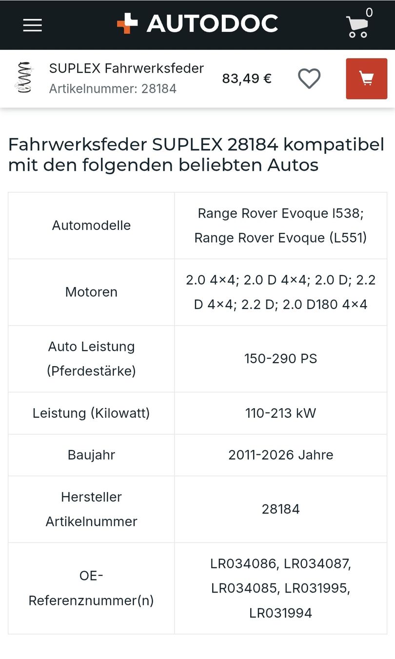 Land Rover Tutti pezzi di ricambio auto: Range Rover Evoque Feder neu – Nuovo (secondo la descrizione) da Benken SG venduto da JoBla_ 3