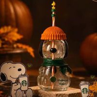 Starbucks Peanuts Snoopy Glass Cup with Straw New