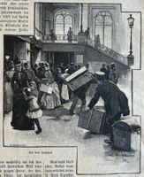 Orig. Holzstich 1888 - auf dem Bahnhof, von E. Thiel