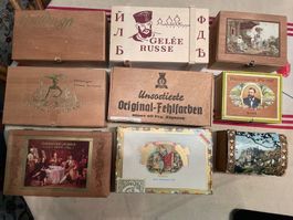 Lot de 9 boîtes en bois cigares et divers. Coffret beau bois