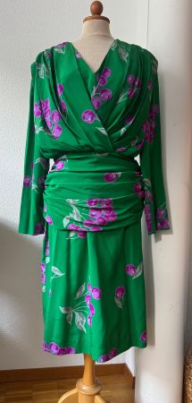 Robe vintage LEONIA, 100% soie, T40, vert imprimé fuchsia
