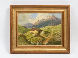 Vue de montagne avec chalet et ruisseau — huile sur planche