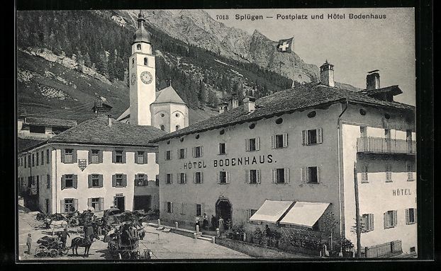 Cartoline postali: Splügen, Postplatz und Hotel Bodenhaus – Usato da Berlin venduto da bartko-reher