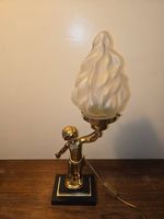 Art-déco Tischlampe / Figurine mit Fackel - Bronze/Messing