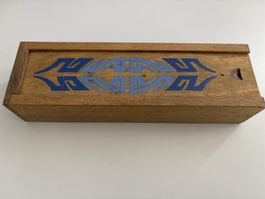 Vintage 60er Holzschachtel mit blauem Muster 22cm Italien