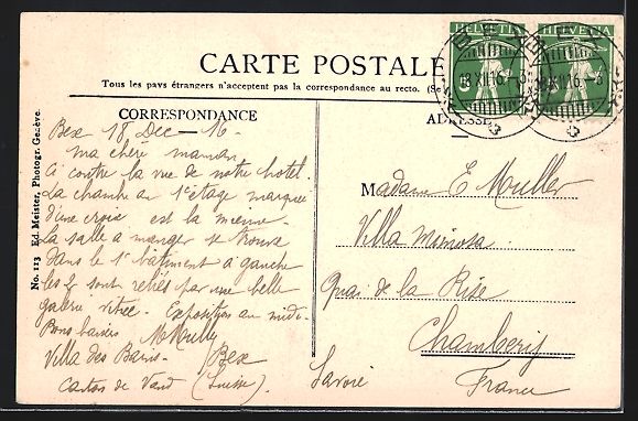 Cartoline postali: AK Bex, Villa des Bains, 1916 – Usato da Berlin venduto da bartko-reher 1