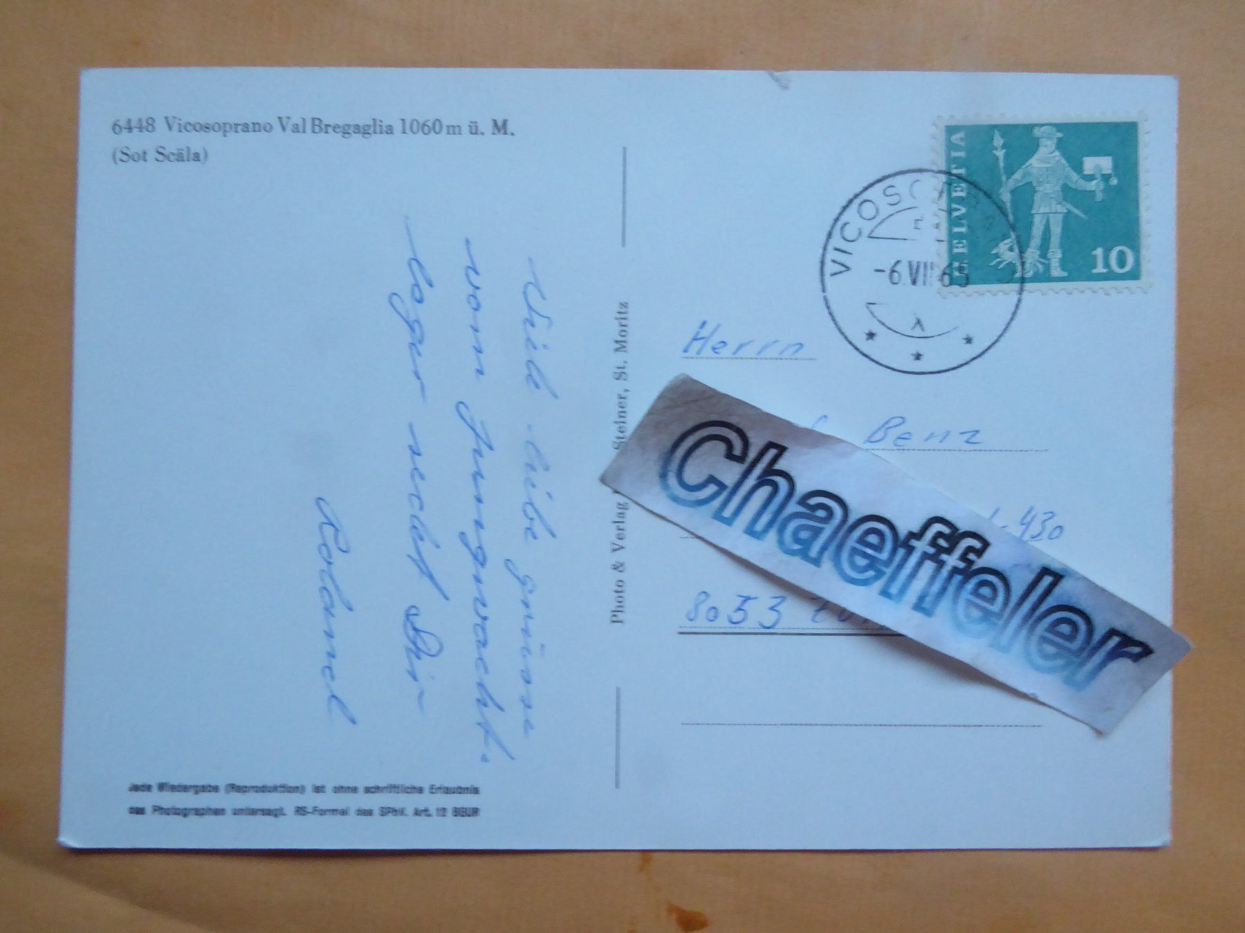 Cartes postales: 1965   6448 Vicosoprano Val Bergaglia – D'occasion à Zürich par Chaeffeler 1