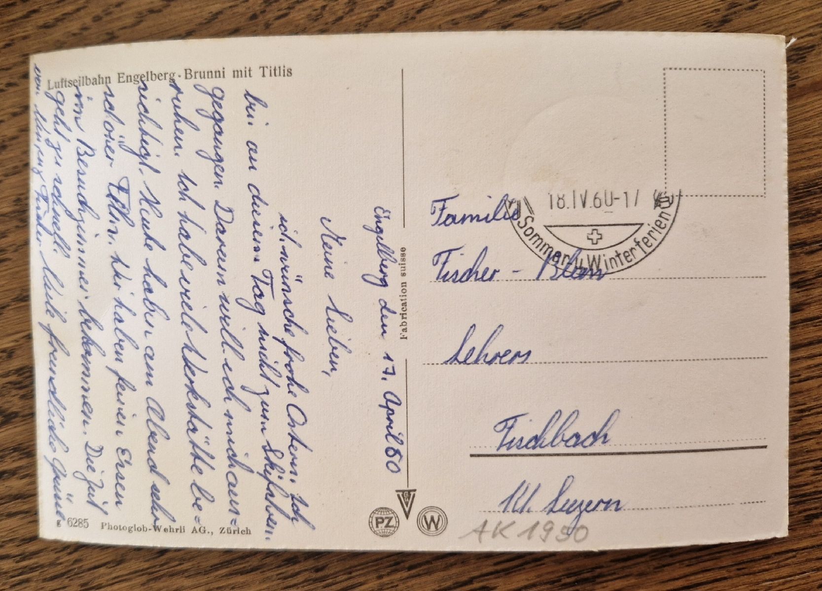 Ansichtskarten: Luftselbahn Engelberg-Bruni 1960 – Gebraucht aus Ebikon von Donar50 2