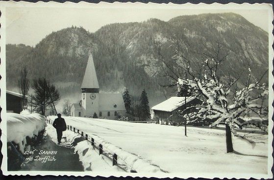 Cartoline postali: SAANEN mit Dorfflüh - Mann mit Schlitten – Usato da Jona venduto da philajona