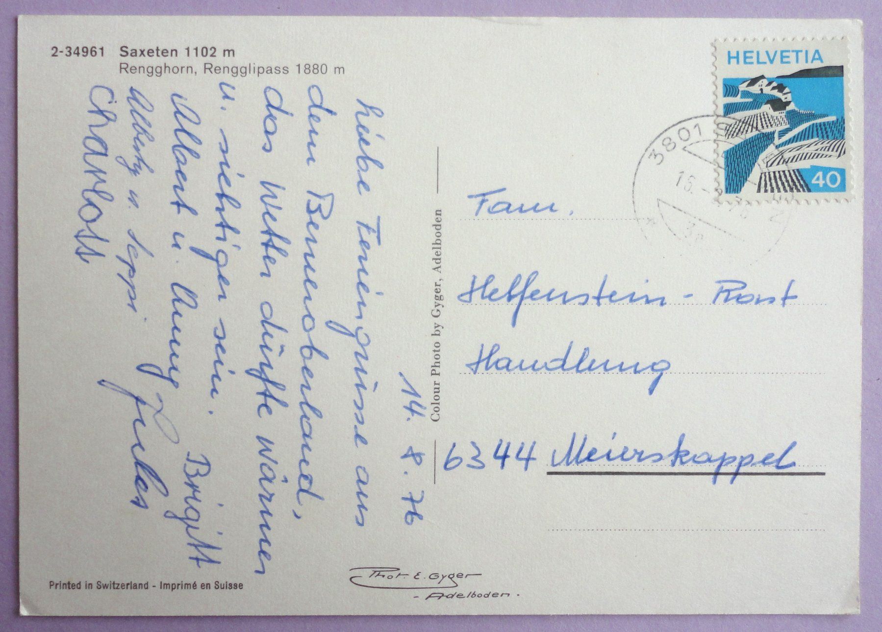 Cartoline postali: Saxeten 1102 m – Usato da Fétigny venduto da Billy2miny 1