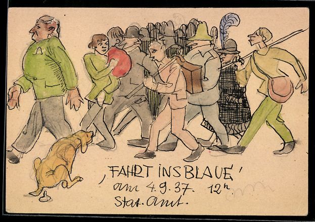 Ansichtskarten: Handgemalt: Gesellschaft bei einer Fahrt – Gebraucht aus Berlin von bartko-reher
