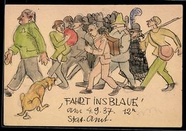 Handgemalt: Gesellschaft bei einer Fahrt