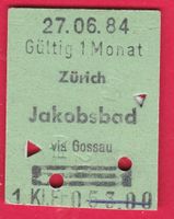 KARTON BILLETT, ZÜRICH - JAKOBSBAD, 1.KLASSE, RETOUR