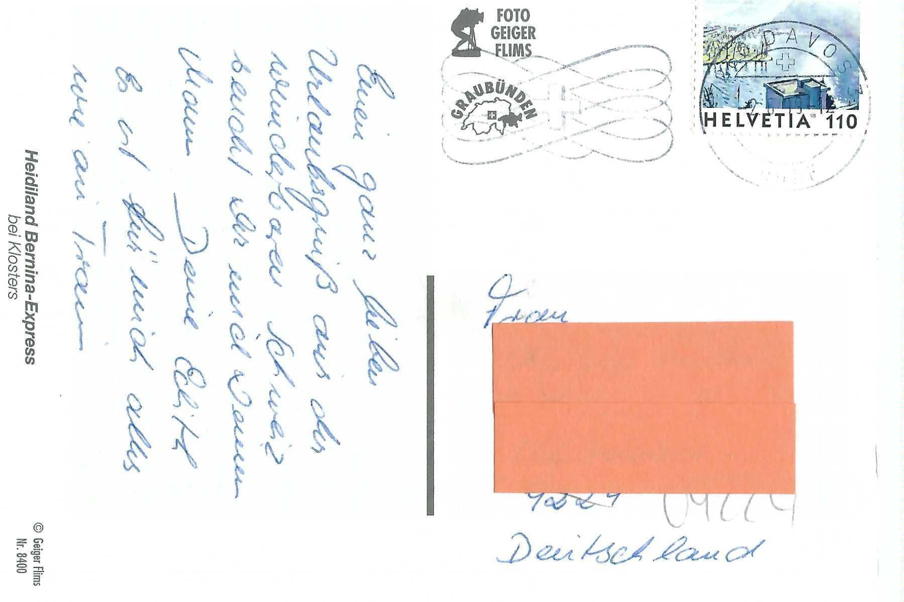 Cartoline postali: Klosters Graubünden,  Heidiland,  Bernina-Express 1997 – Usato da Thun venduto da 44wart 1