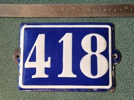 Vintage Hausnummer Emailschild Nr. 418, blau/weiss
