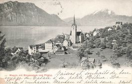 Weggis (LU) – Ansicht des Dorfes mit Kirche, Bürgenstock