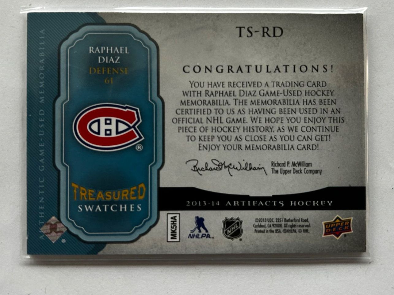 NHL Carte collezionabili: Upper Deck NHL Raphael Diaz Artifacts Trikotstück eingenäht – Usato da Oberwil-Lieli venduto da Mhd 1