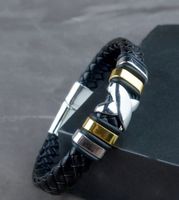Bracciale intrecciato in pelle nero con inserti metallo 21cm