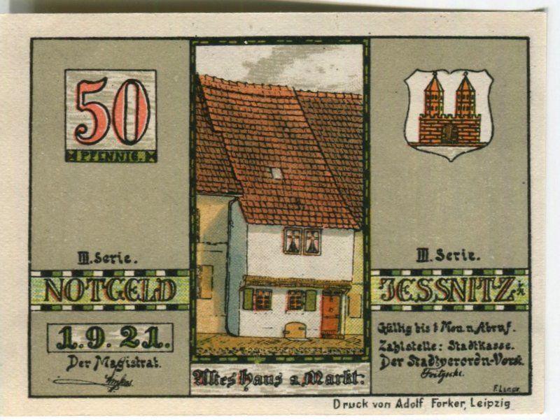 Banknoten: Notgeld "50 Pfennig. Jessnitz 1921" – Gebraucht aus Basel von Butsch5 1