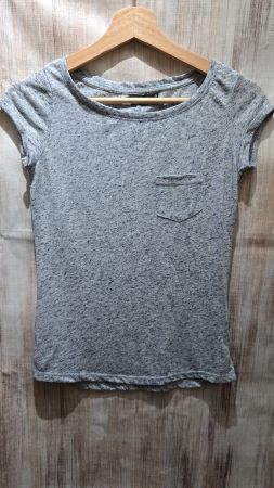 🎉 Damen Leinen T-Shirt - XS - Grau Meliert mit Brusttasche