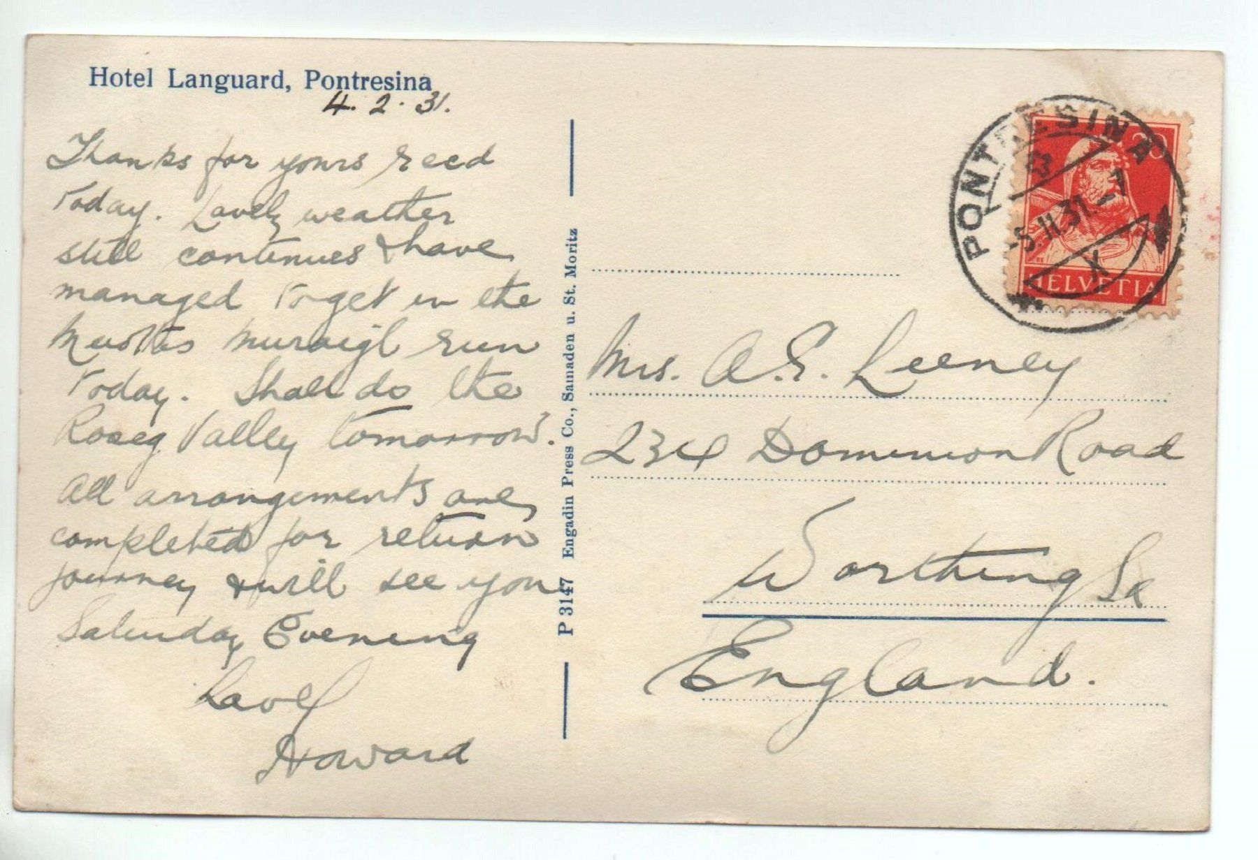 Cartoline postali: PONTRESINA Hotel Languard mit Eisfeld – Usato da Jona venduto da philajona 1