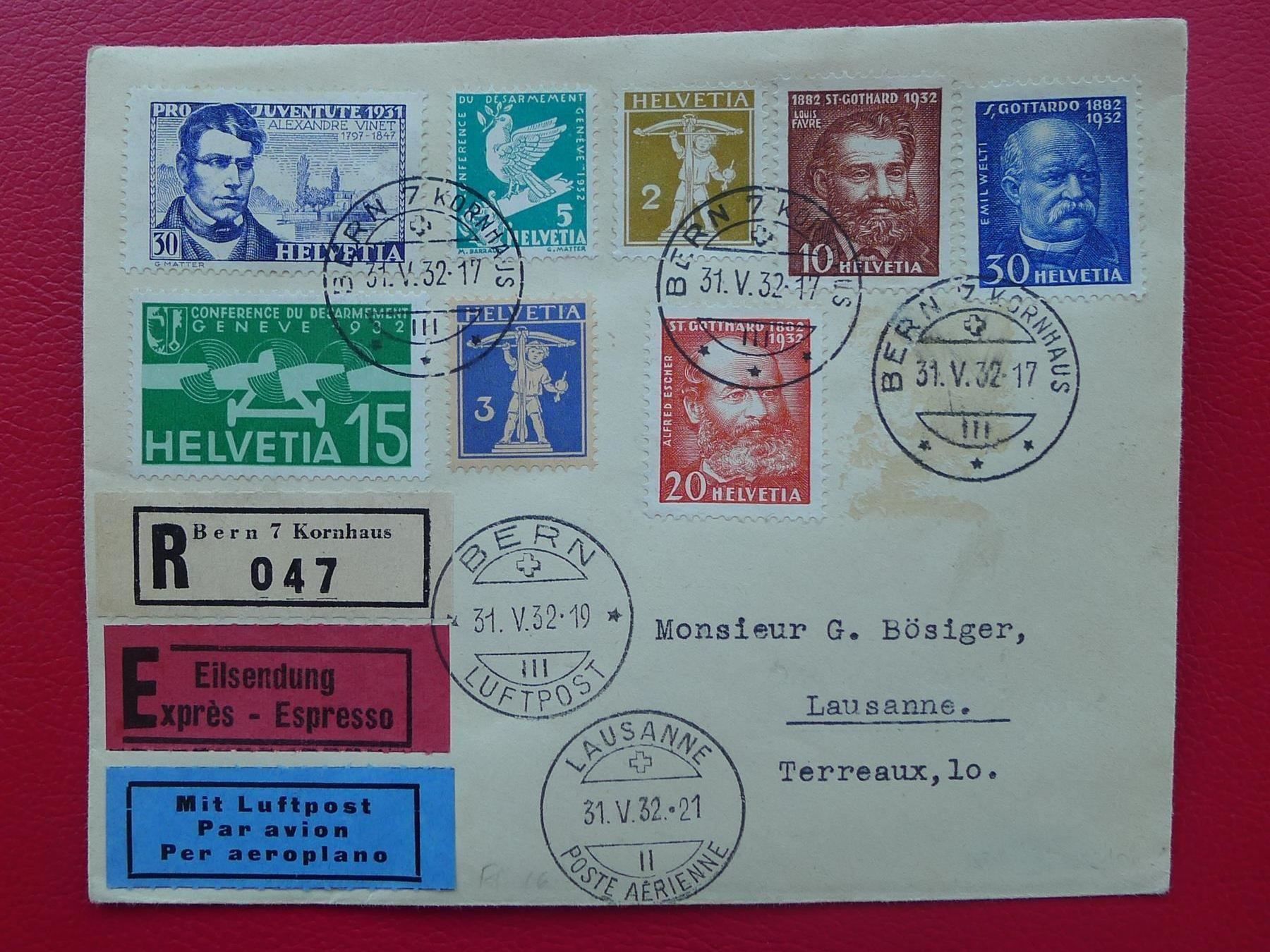 Tutti i francobolli: 1932 EXPRESS-Ersttagsbrief von BERN, Nr.191-193, Kat: 400.-+ – Usato da Sursee venduto da Luzernerraute
