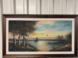 Huile sur toile paysage lac canots et oiseaux signée!