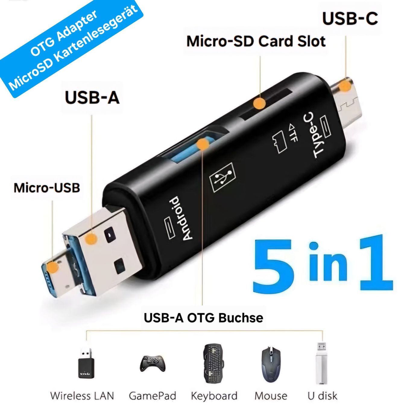 Lettori di schede: 5in1 Micro SD Kartenlesegerät + OTG Adapter / USB-C + USB-A – Nuovo e nell'imballaggio originale da Uster venduto da -FPS-