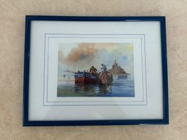 Aquarell Bild Fischerboot mit Pferd gerahmt gebraucht