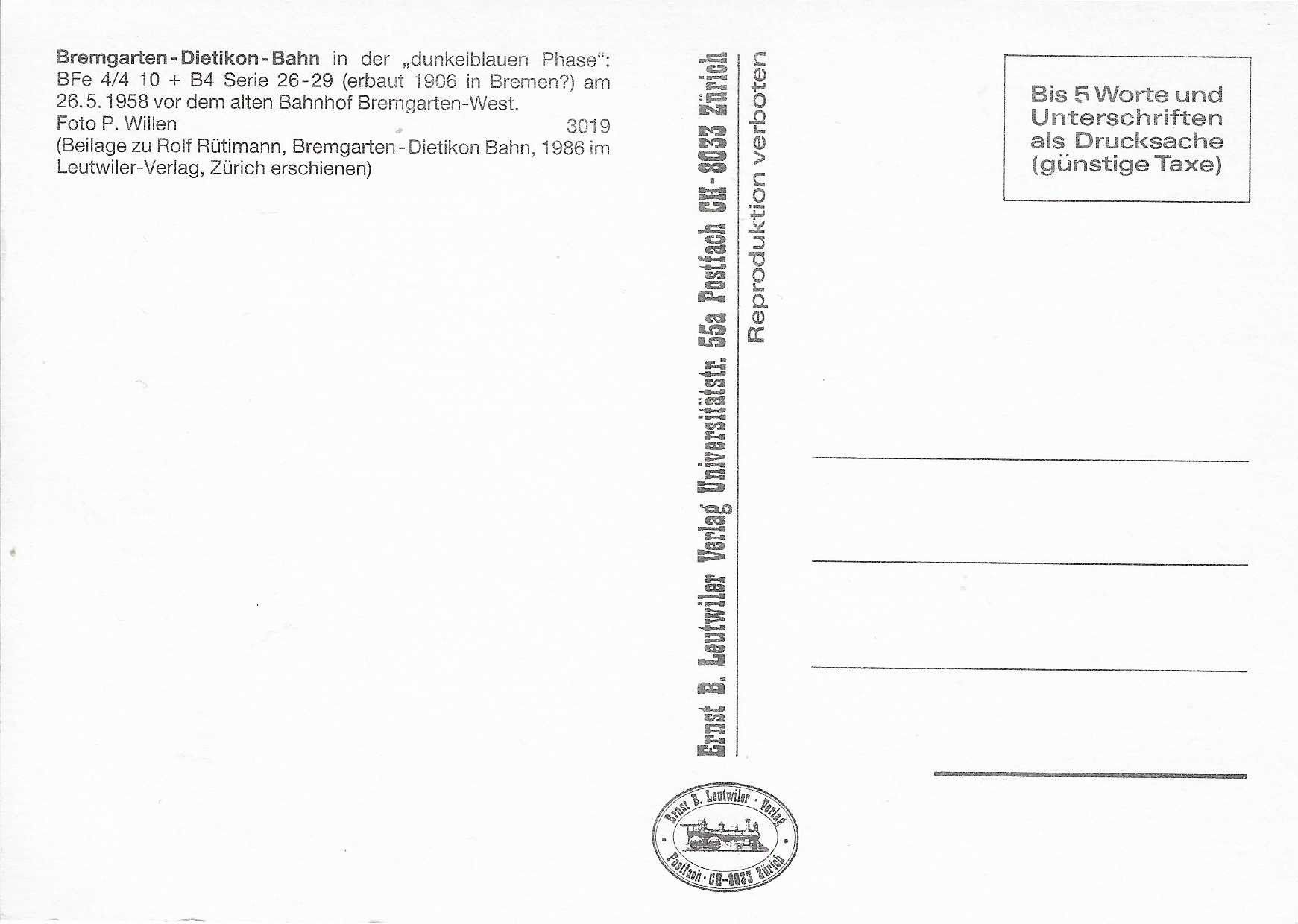 Cartoline postali: Bremgarten-Dietikon-Bahn BFe 4/4 10+B4 – Nuovo (secondo la descrizione) da Rothrist venduto da Stranglehold 1