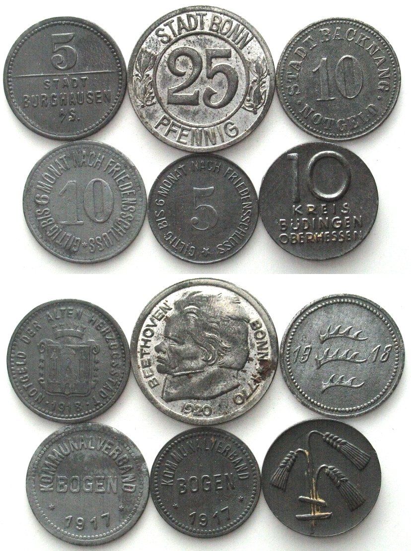 Tutti le monete: DEUTSCHE NOTMÜNZEN. 6 Münzen, Orte B – Usato da Riehen venduto da sesambestcoins2004
