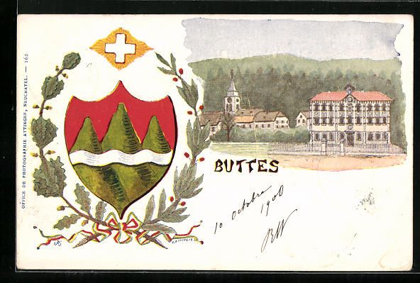 Ansichtskarten: Buttes, Teilansicht mit Kirche, Wappen i – Gebraucht aus Berlin von bartko-reher
