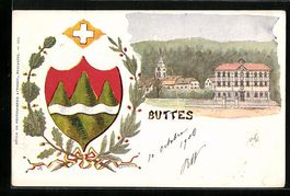 Buttes, Teilansicht mit Kirche, Wappen i