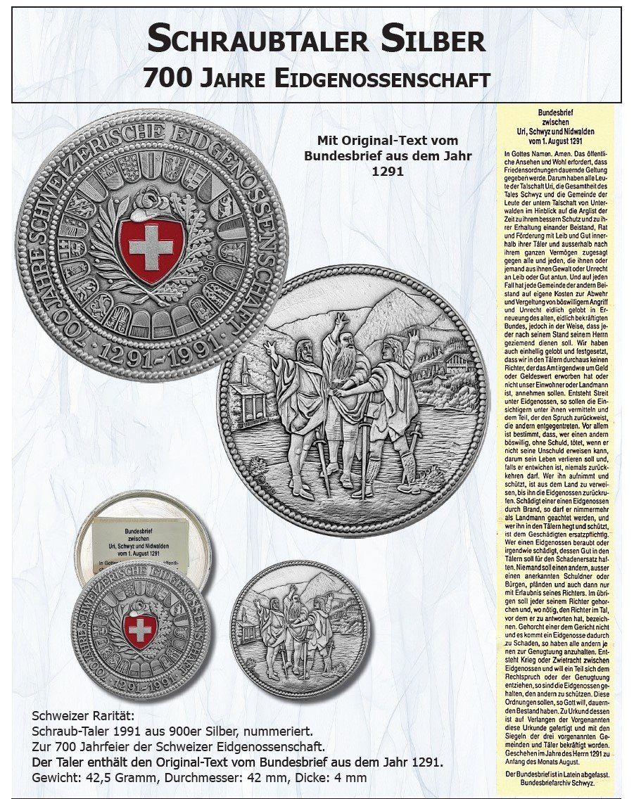 Medaglie: Schraubtaler Silber - 700 Jahre Eidgenossenschaft – Nuovo e nell'imballaggio originale da Diepoldsau venduto da preisparadies-ch