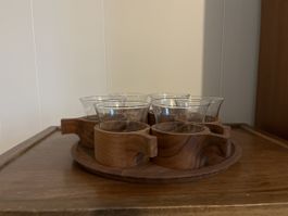 6er Set Vintage Teak Gläser mit Tablett