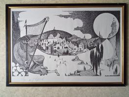 Lithographie. Trauernder Harfenspieler in Palästina