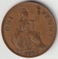1945 One Penny George VI GB P.2409 in GF,  Bronze Münze