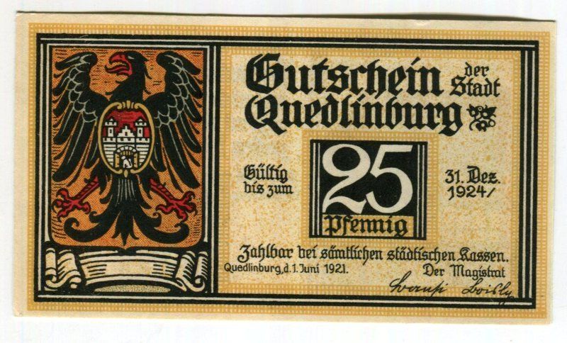 Banknoten: Notgeld "25 Pfennig. Quedlinburg 1921" – Gebraucht aus Basel von Butsch5