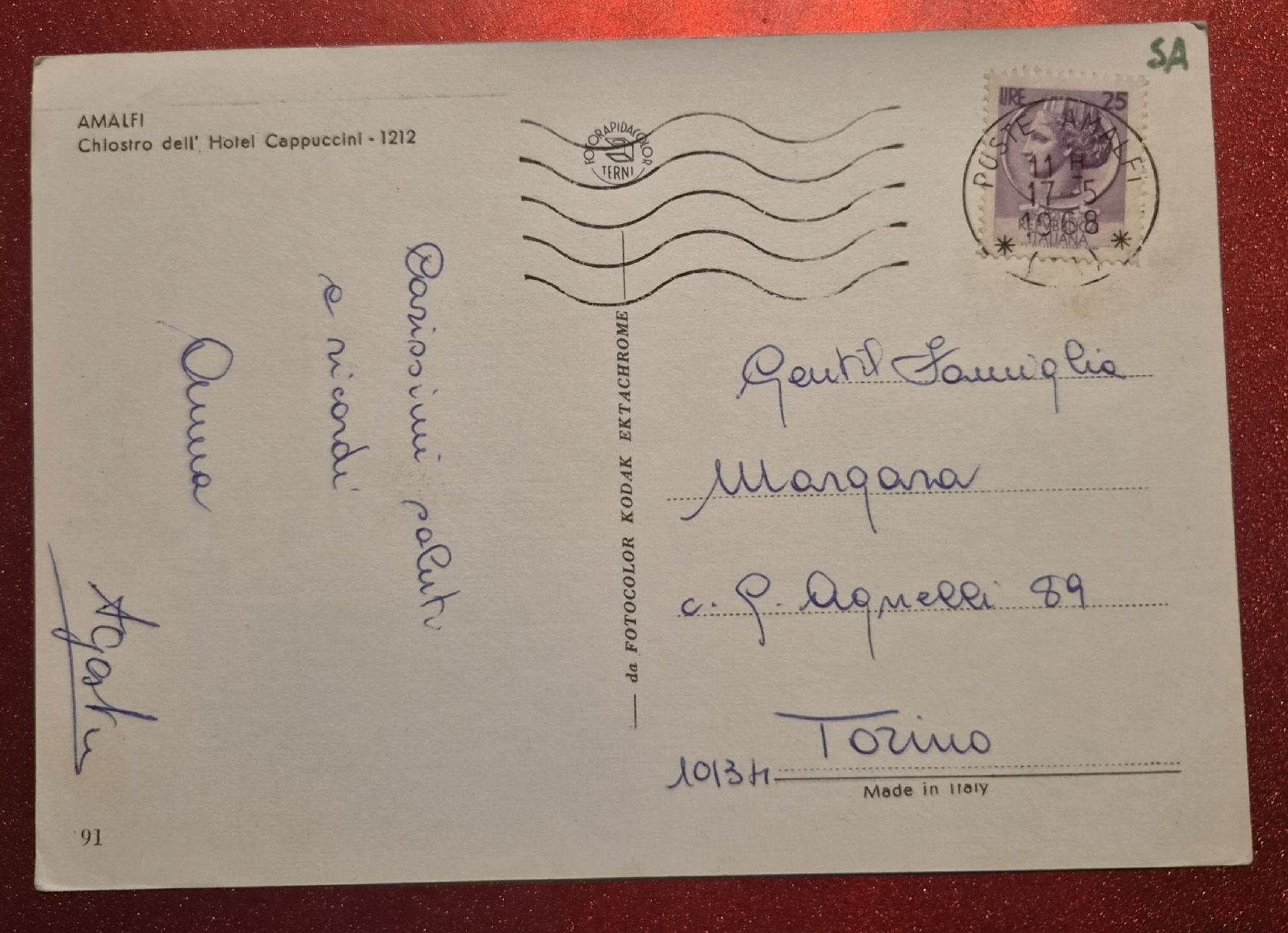 Cartoline postali: Amalfi Hotel Cappuccini 1968 – Usato da Melchnau venduto da Fishel 1