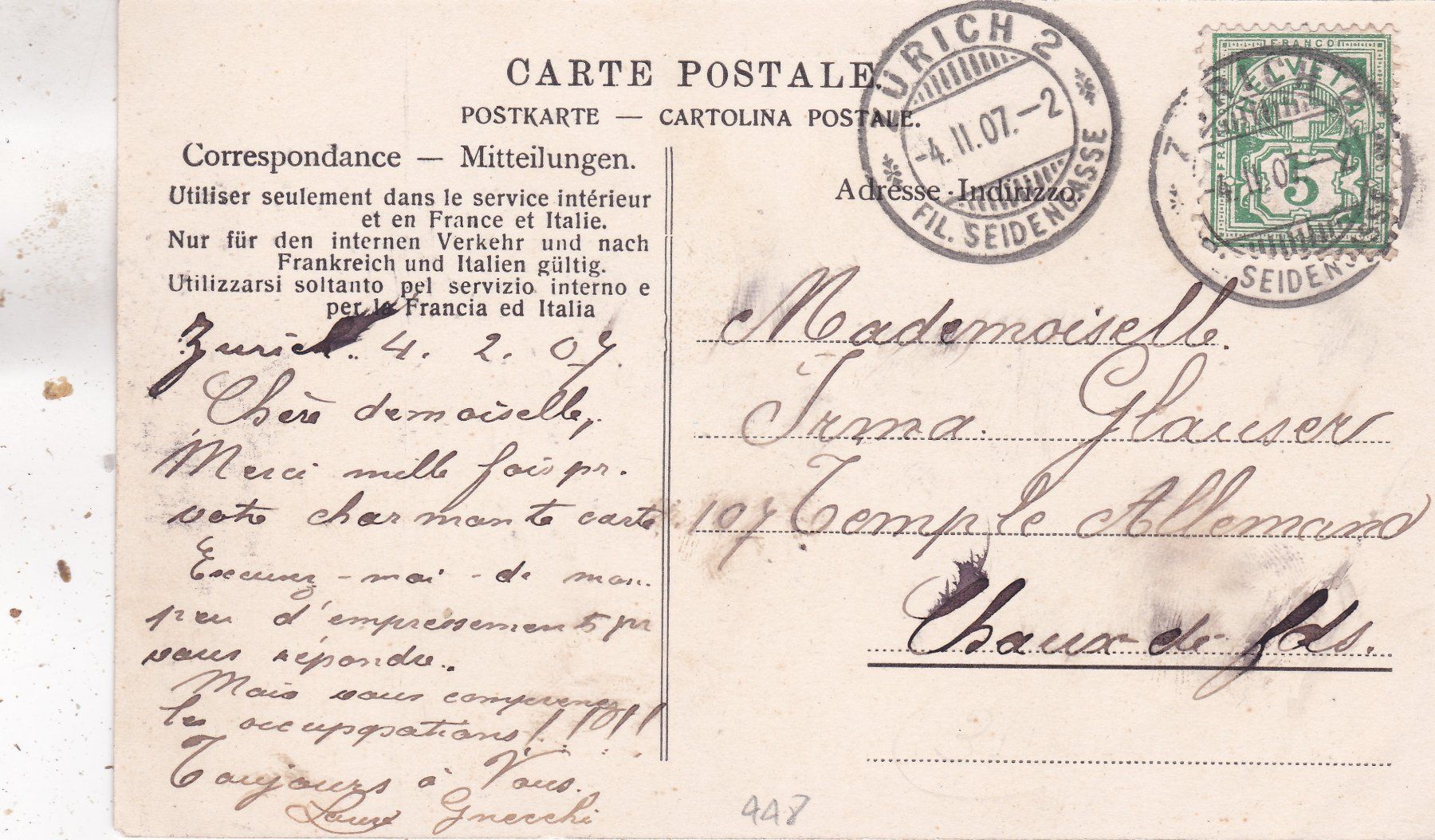 Cartoline postali: Zürich Tonhalle 1907 – Usato da Herisau venduto da Lisegrat2008 1