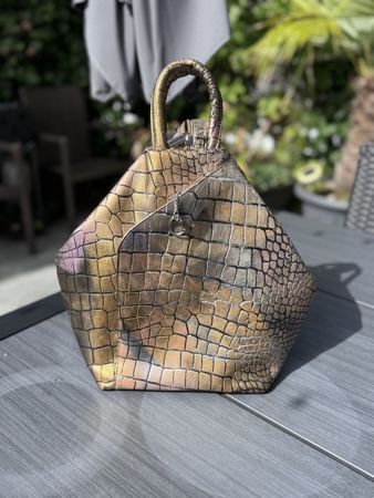 Rucksack Damen Kunstleder Kroko Muster Goldfarben