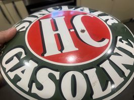 Emaille Schild Sinclair HC Gasoline gebraucht mit Rost
