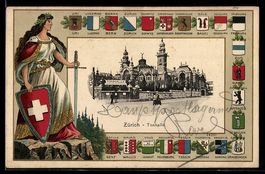 Passepartout-Lithographie Zürich, Tonhalle, Helvetia mit Sch