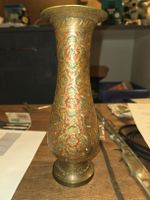 Antike Messing Vase, rot-gold gemustert 25cm hoch (D)