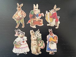 6 Anhänger Holz Osterhasen Oster Figuren Deko Nostalgie