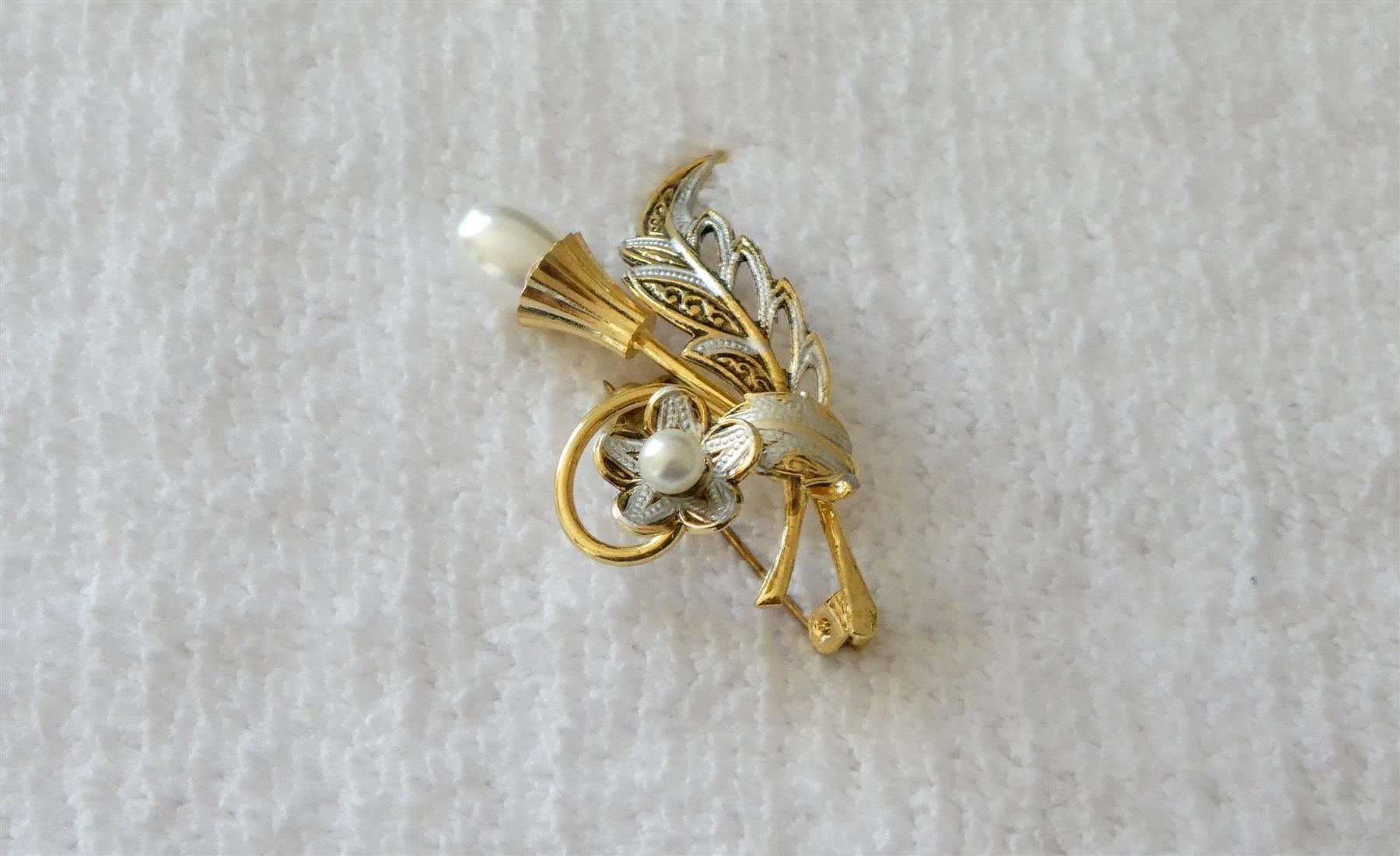 Spille & Fermagli: Brosche Feder Blume golden silbern Perle – Usato da Frauenfeld venduto da dhour 3