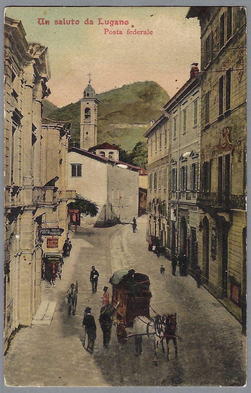 Ansichtskarten: LUGANO, POSTA E DILIGENZA/POSTBUREAU u. POSTKUTSCHE, 0 1911 – Gebraucht aus Pura von ulisse1957